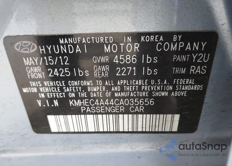 2012 Hyundai Sonata Hybrid z USA, uszkodzony, nr VIN KMHEC4A44CA035656